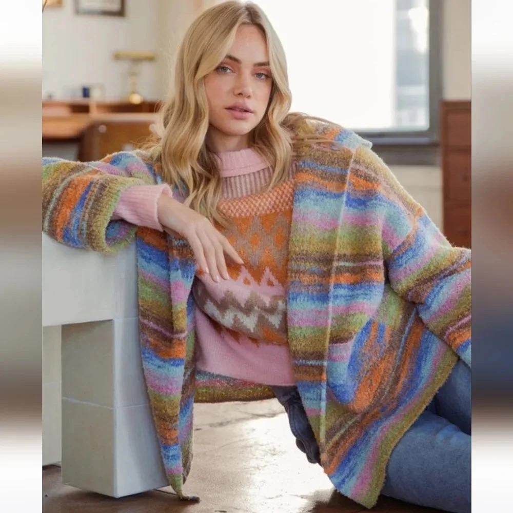 Easel Rainbow Stripe Knit Cozy Soft Cardigan Sweater New - Picture 2 of 5